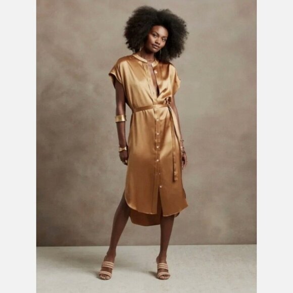 Banana Republic Petite Serenade 100% Silk Shirtdress in Vintage Tan Gold LP